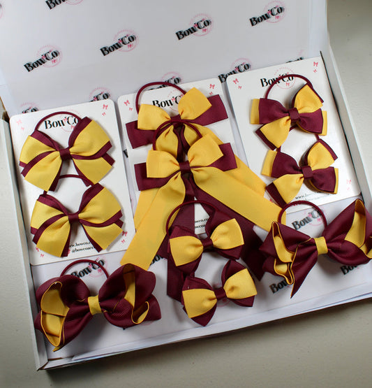 School Bow Bundle Saver - 10 Pack - Burgundy and Yellow Gold - Elastic