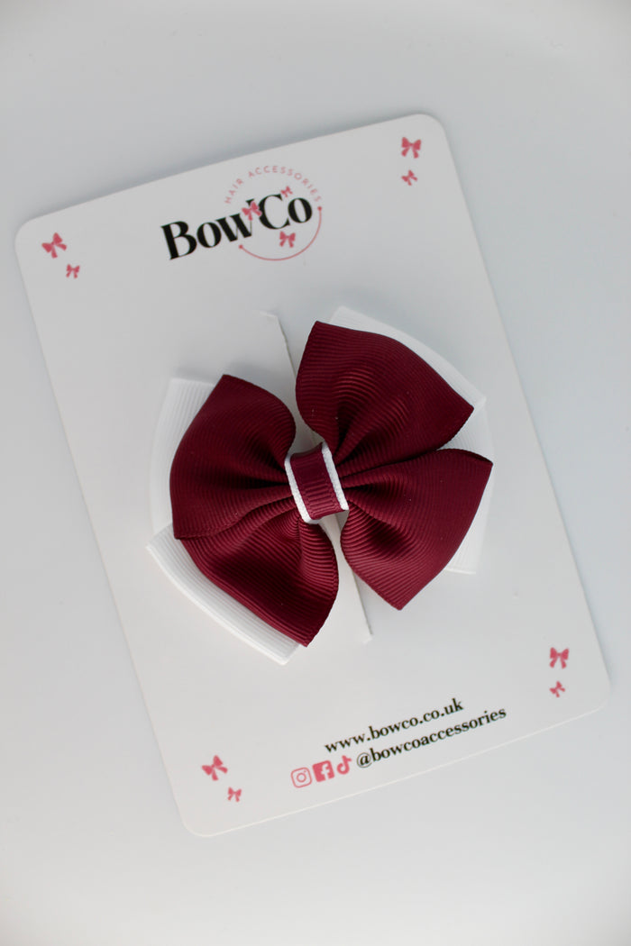 School Bow Burgundy and White - Layer Edge Bow - Clip