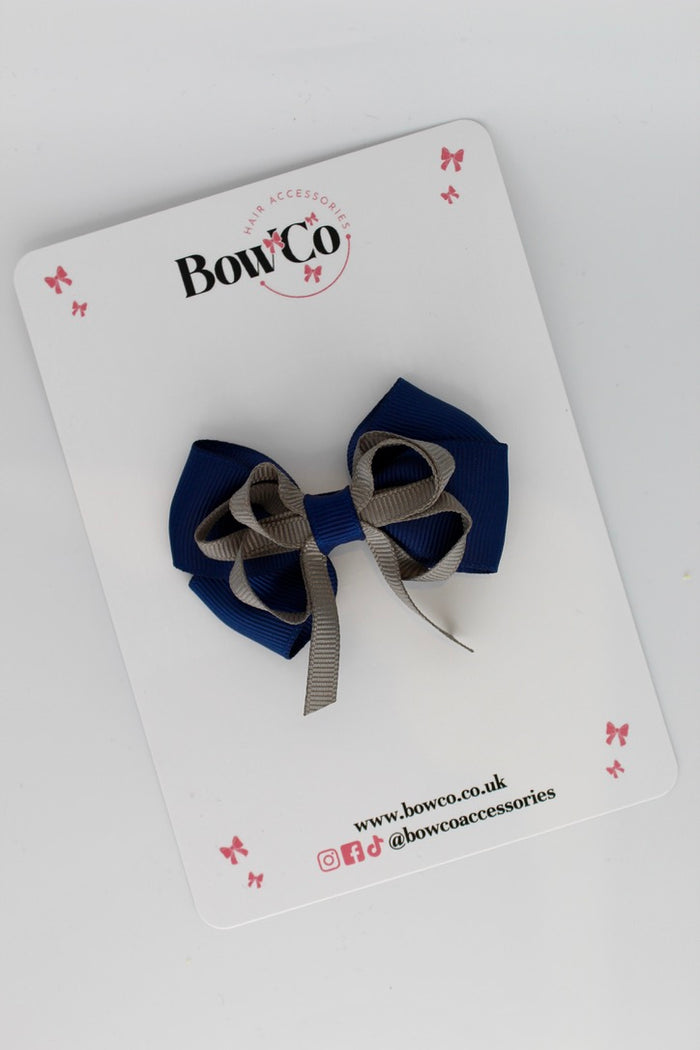 School Bow Navy Blue and Metal Grey - Double Bow - Clip