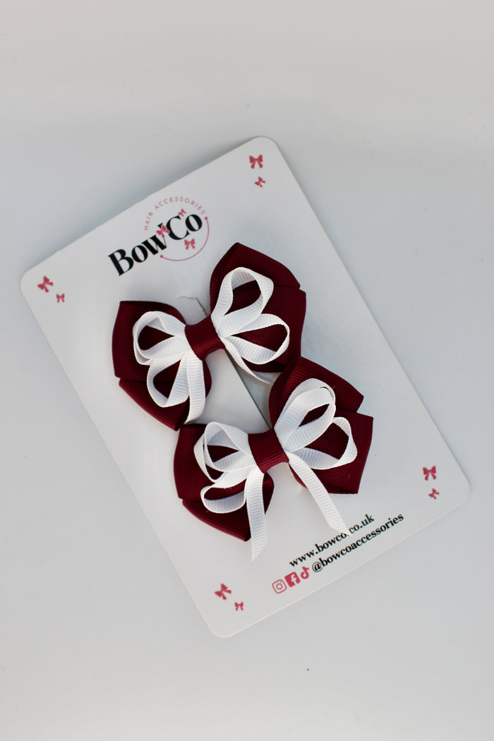 School Bows Burgundy and White - Double Bow Set - Clip