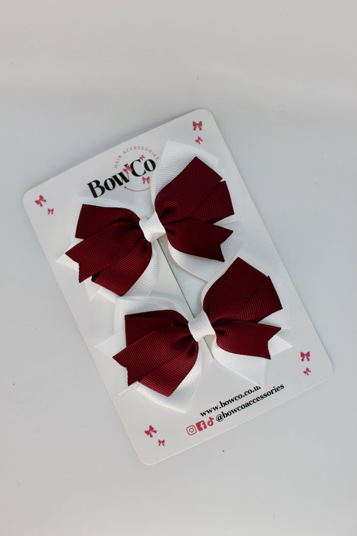 School Bows Burgundy and White - Double Tail Bow Set - Clip