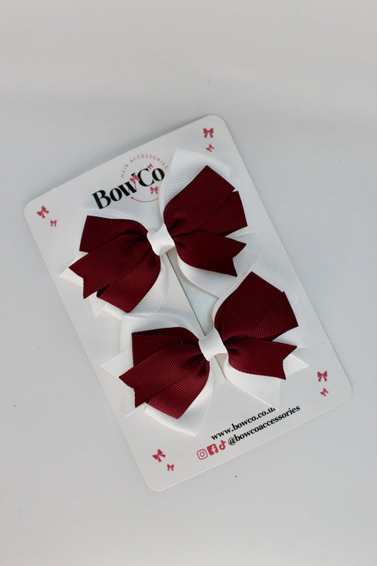 School Bows Burgundy and White - Double Tail Bow Set - Clip