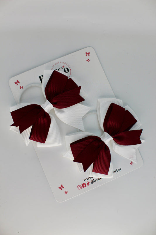 School Bows Burgundy and White - Double Tail Bow Set - Elastic