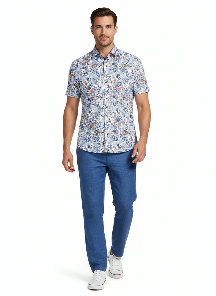 Short-Sleeve Cotton/Stretch Floral Sport Shirt - Blue