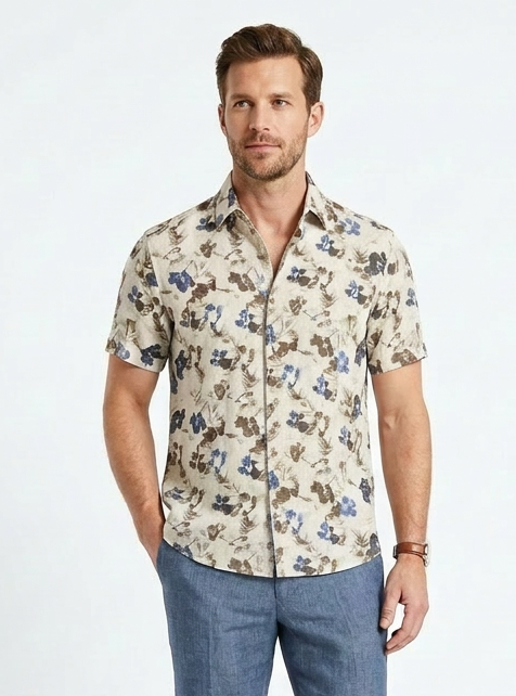 Short-Sleeve Linen/Stretch Floral Print Shirt - Blue