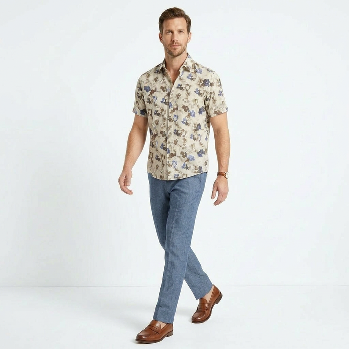 Short-Sleeve Linen/Stretch Floral Print Shirt - Blue