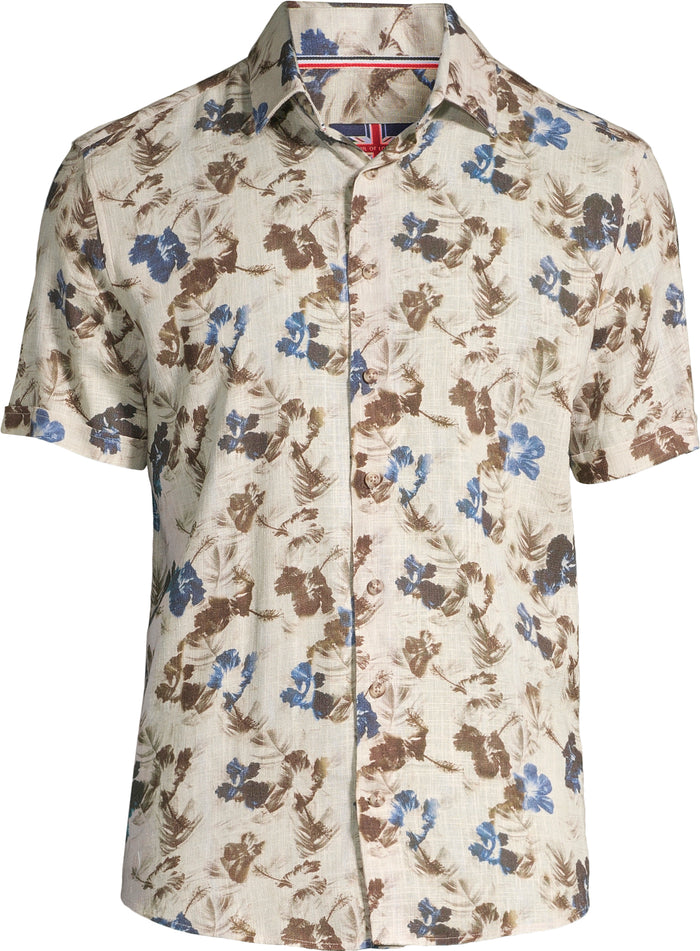 Short-Sleeve Linen/Stretch Floral Print Shirt - Blue