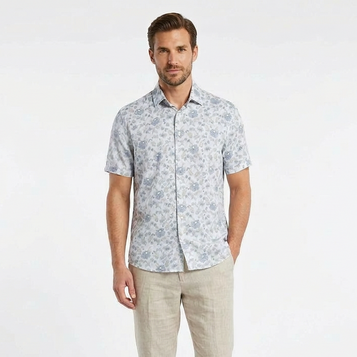 Short-Sleeve Linen/Stretch Floral Print Shirt - Light Blue