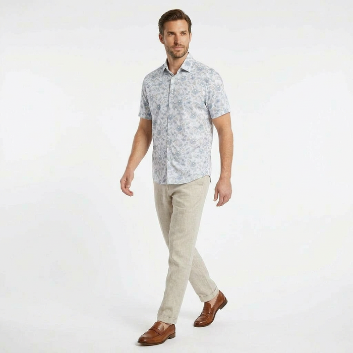 Short-Sleeve Linen/Stretch Floral Print Shirt - Light Blue