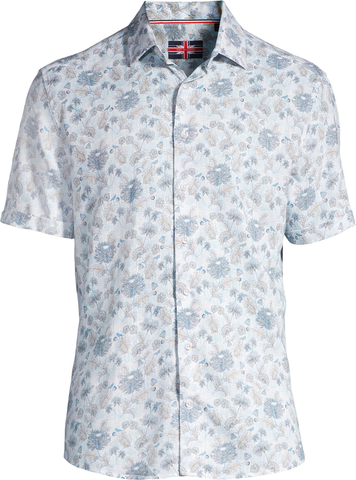 Short-Sleeve Linen/Stretch Floral Print Shirt - Light Blue