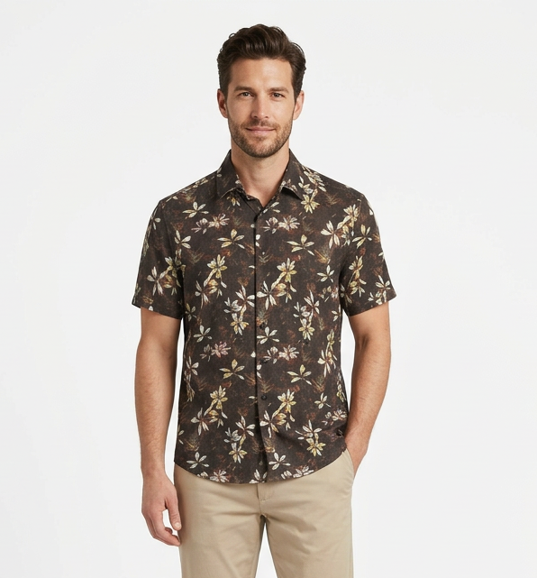 Short-Sleeve Linen/Stretch Leaf Print Shirt - Black