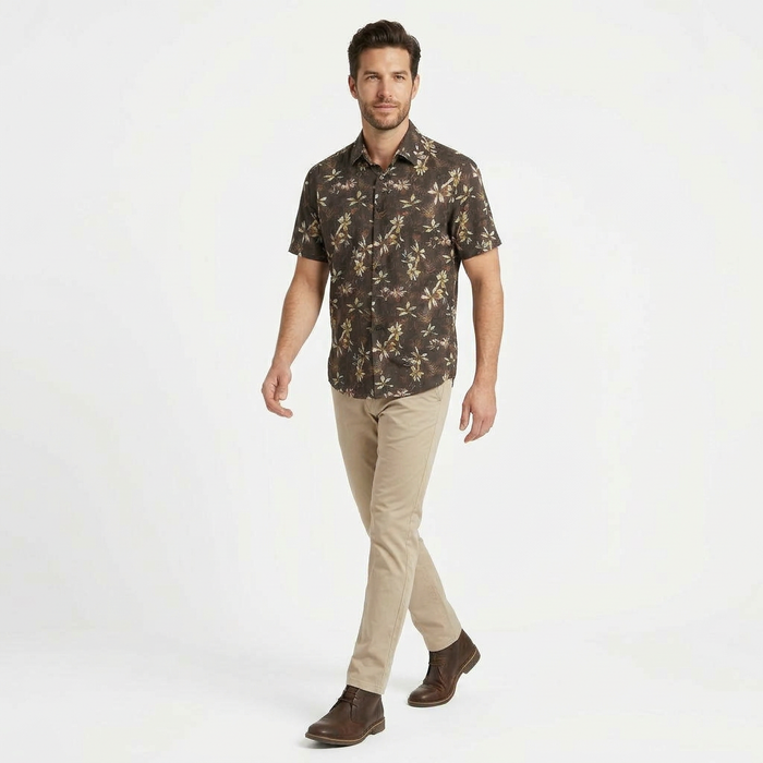 Short-Sleeve Linen/Stretch Leaf Print Shirt - Black