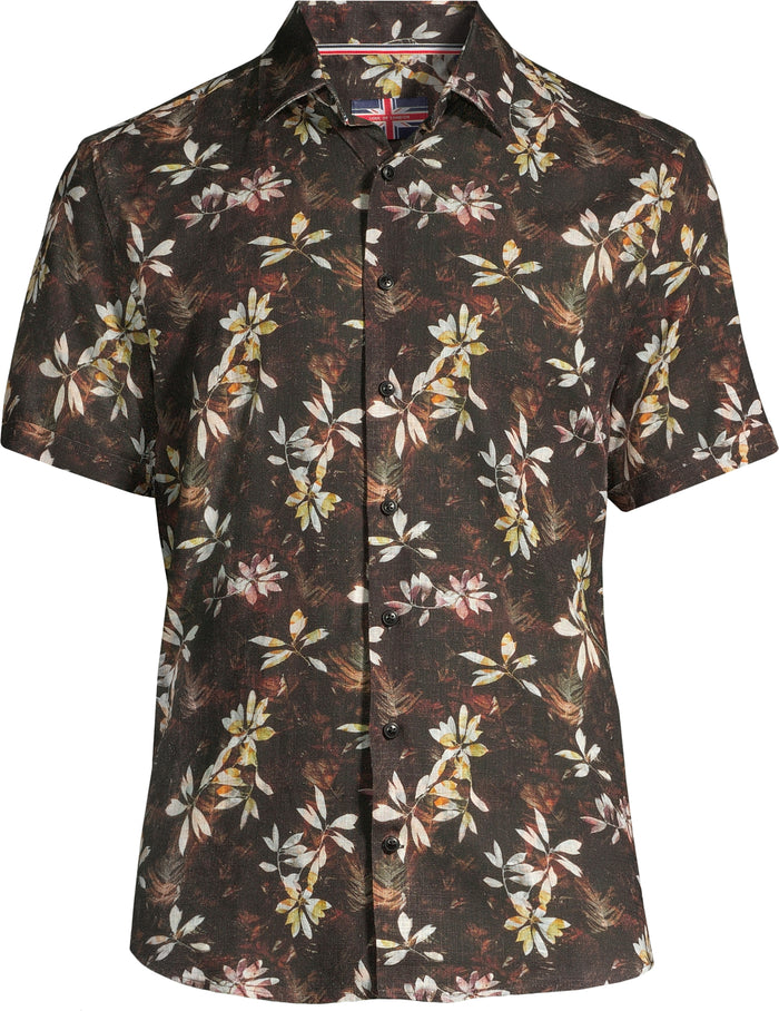 Short-Sleeve Linen/Stretch Leaf Print Shirt - Black