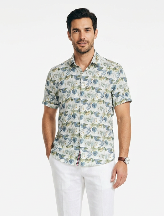 Short-Sleeve Linen/Stretch Leaf Print Shirt - Green