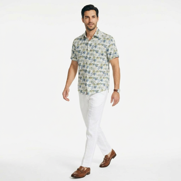 Short-Sleeve Linen/Stretch Leaf Print Shirt - Green