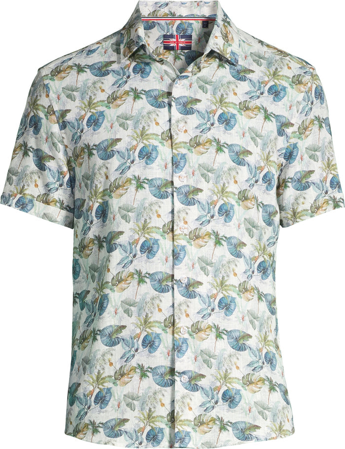 Short-Sleeve Linen/Stretch Leaf Print Shirt - Green