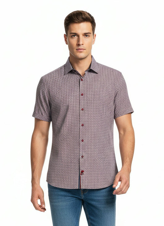 Short-Sleeve Micro/Stretch Circle Print Sport Shirt - Burgundy