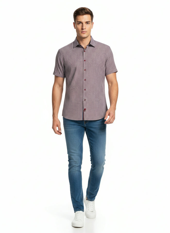 Short-Sleeve Micro/Stretch Circle Print Sport Shirt - Burgundy