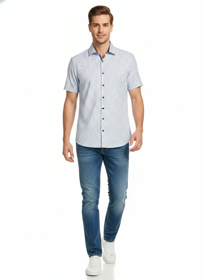 Short-Sleeve Micro/Stretch Circle Print Sport Shirt - Navy
