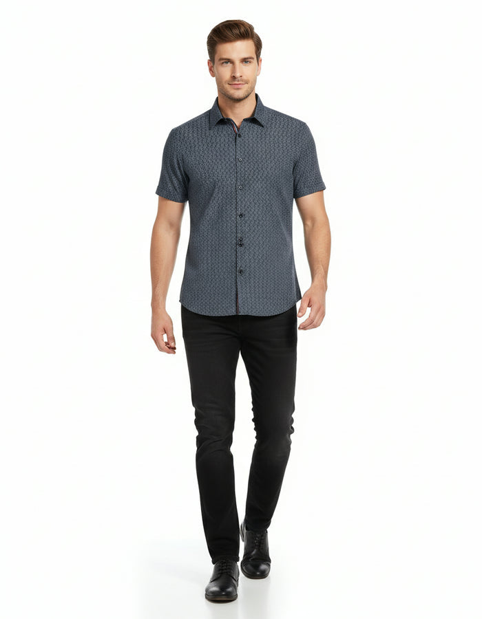 Short-Sleeve Micro/Stretch Paisley Print Sport Shirt - Black