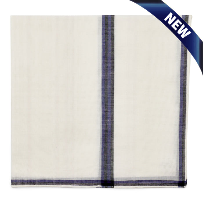 Simonnot Godard Smoking White With Blue & Black Border Cotton Pocket Square