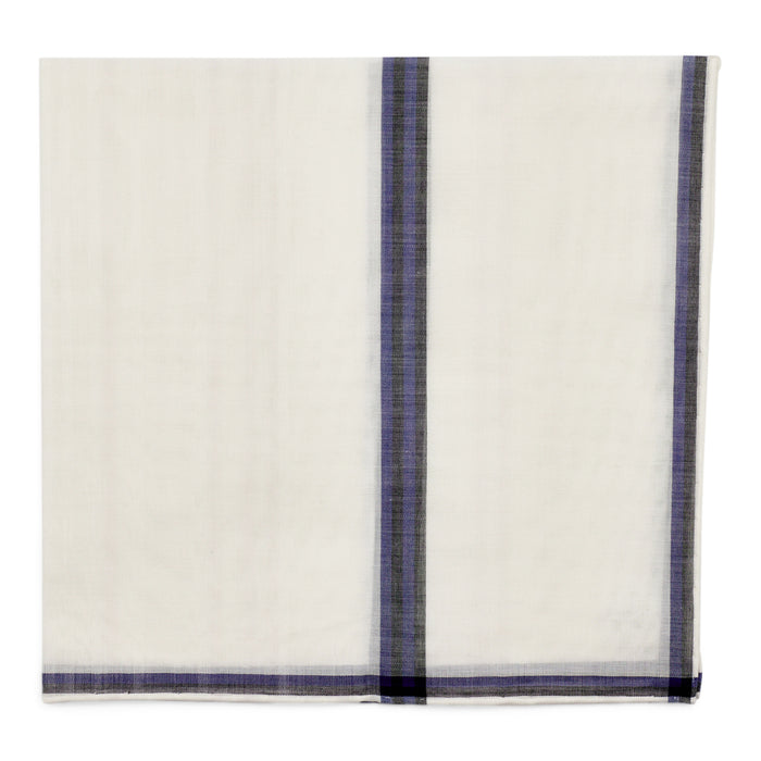 Simonnot Godard Smoking White With Blue & Black Border Cotton Pocket Square