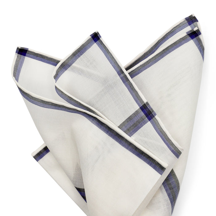 Simonnot Godard Smoking White With Blue & Black Border Cotton Pocket Square