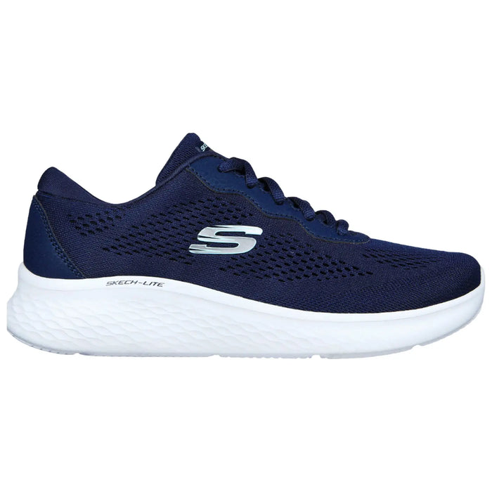 A navy blue athletic shoe features a breathable mesh upper and a lightweight white sole designed for comfort. It is positioned against a plain background, highlighting its design.
