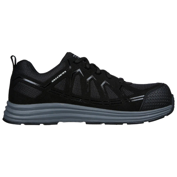 A black athletic shoe designed for comfort and performance features a breathable upper with a textured sole indicating stability and support suitable for various activities.