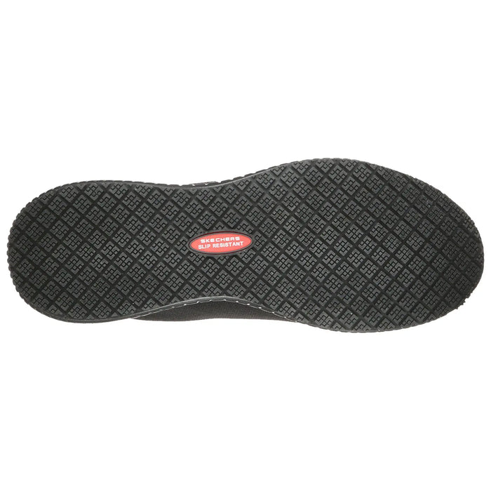 Black sole with a textured pattern is positioned flat against a white background showcasing its slip-resistant feature highlighted by a red label reading SKETCHERS SLIP RESISTANT