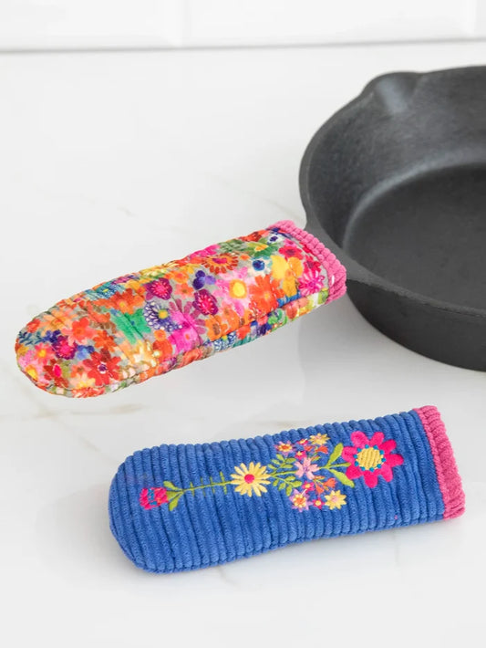 Cook Happy Pot Handle Cover, Set of 2 - Blue Folk Flower Patchwork-view 1