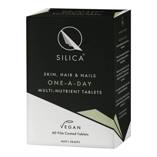 Box of Qsilica Skin, Hair & Nails One-A-Day multi-nutrient tablets on a white background.