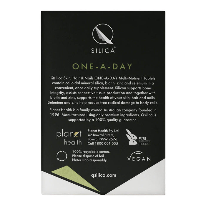 Back of Qsilica One-A-Day supplement packaging with branding and product details.