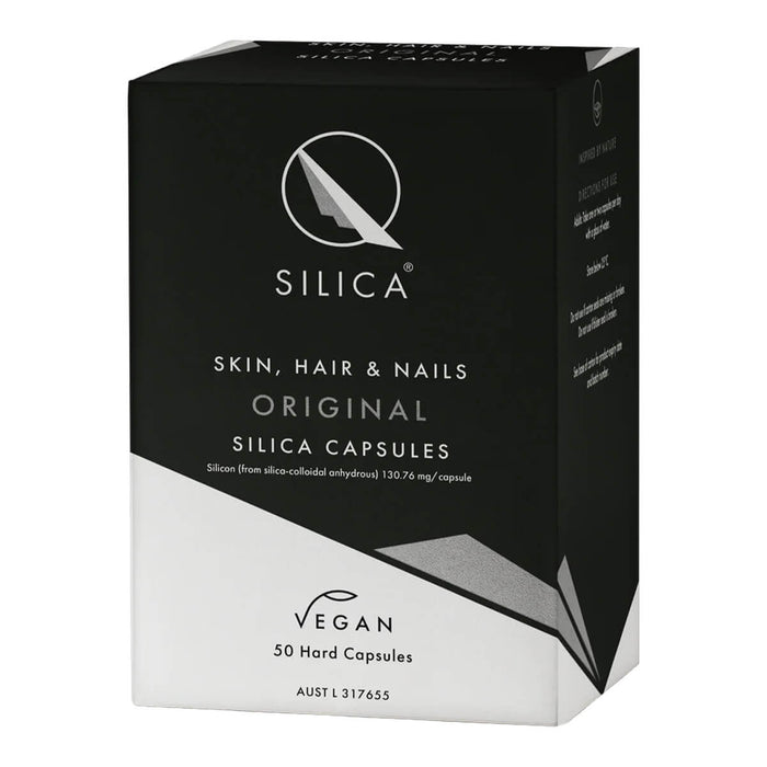 Qsilica Skin, Hair & Nails Original Silica Capsules box on a white background.