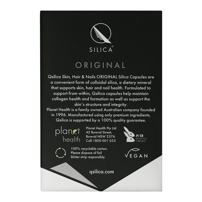 Back of Qsilica supplement packaging with brand information on a white background.