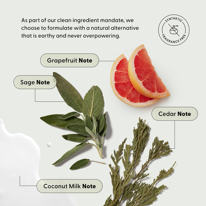 Grapefruit slices, sage leaves, cedar branches, and spilled coconut milk are labeled with text highlighting each note, promoting Arey’s Smooth Conditioner Refill—a nourishing hair repair formula made without synthetic fragrance.