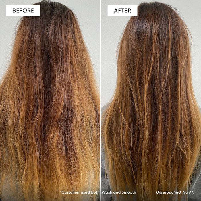 Before: Frizzy, dry, and uneven brown hair. After: Smooth, shiny, and straightened brown hair with improved texture and appearance, thanks to Arey Smooth Conditioner. The transformation is highlighted against a white background.