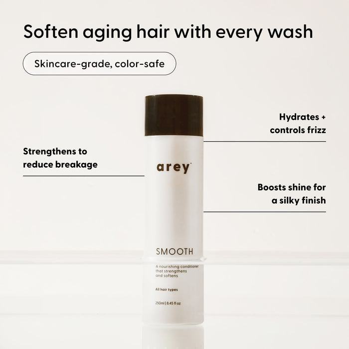 A white bottle of Arey Smooth Conditioner, topped with a black cap, is displayed against a light background. The text showcases its benefits: strengthening hair, providing hydration, controlling frizz, and enhancing shine. This nourishing Arey Smooth Conditioner offers a color-safe, skincare-grade formula created for smooth results and healthy hair.