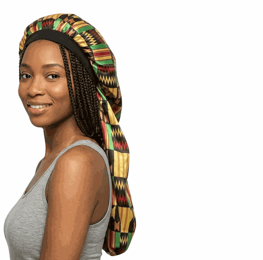 Soft African print and solid satin bonnet for hair protection in long style, size M/L
