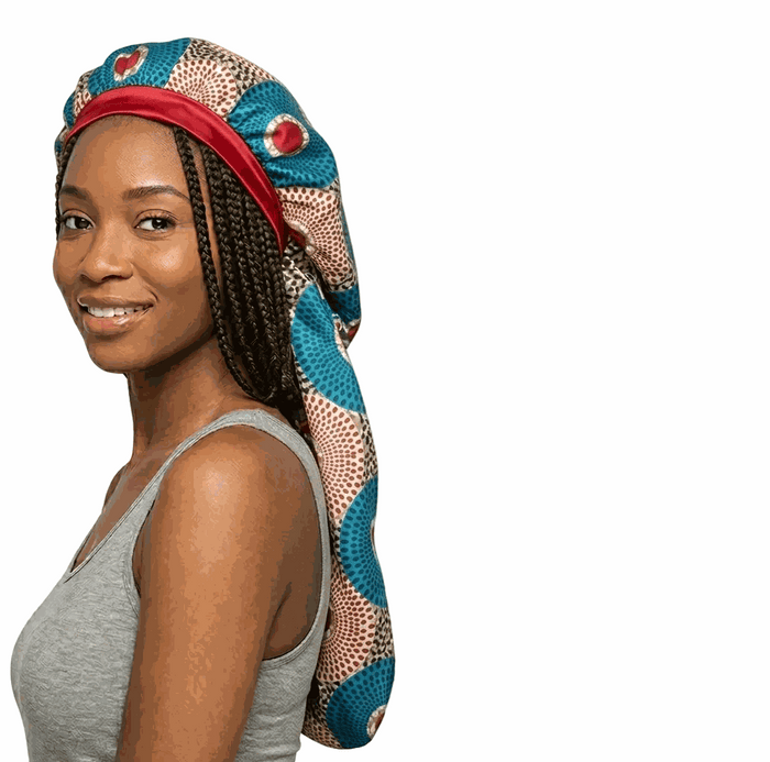 Soft African print bonnet with solid satin lining for hair protection and hydration, long style M/L size