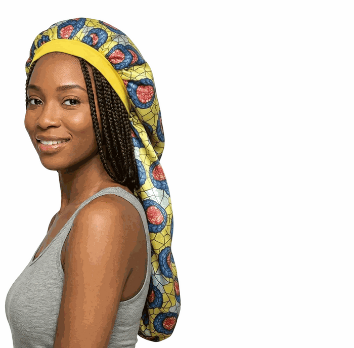 Soft African print bonnet with solid satin lining, long style, perfect for hair protection and hydration