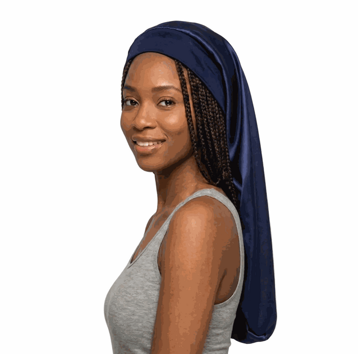 Soft African print bonnet with solid satin, long style, protecting hair and preventing frizz