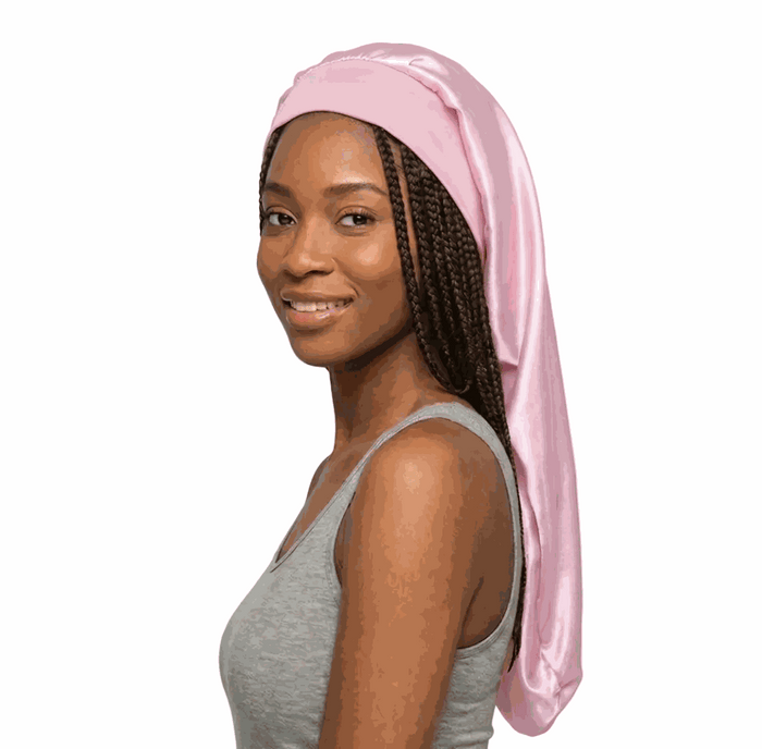 Long style soft African print bonnet with solid satin, designed to protect hair and prevent frizz