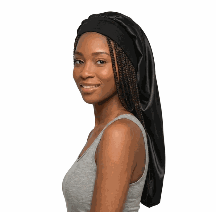 Soft African Print Bonnet in long style with solid satin, designed to minimize frizz and protect hair.