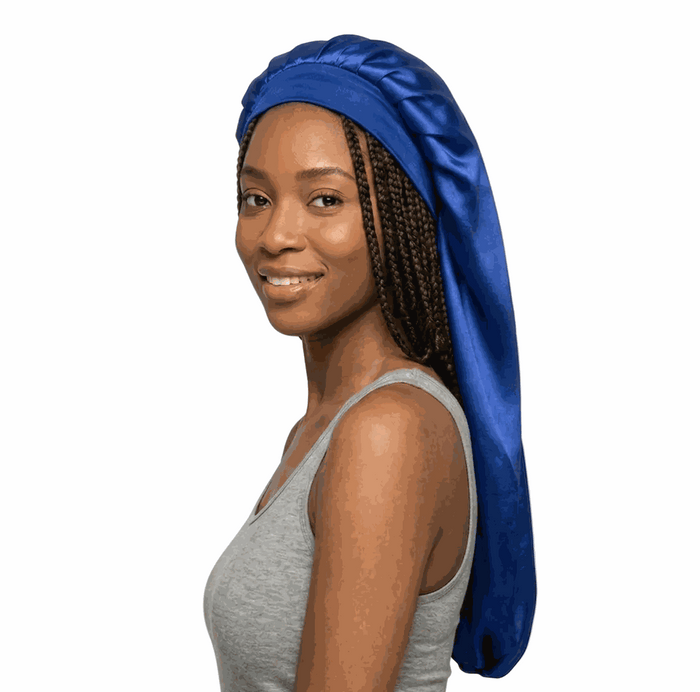 Soft African print bonnet with solid satin, long style, M/L size for hair protection and hydration