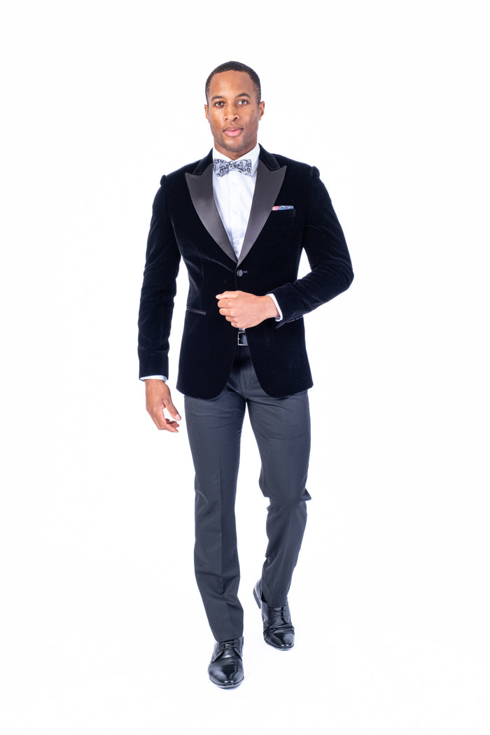 Solid Velvet Peak Lapel Blazer - Black