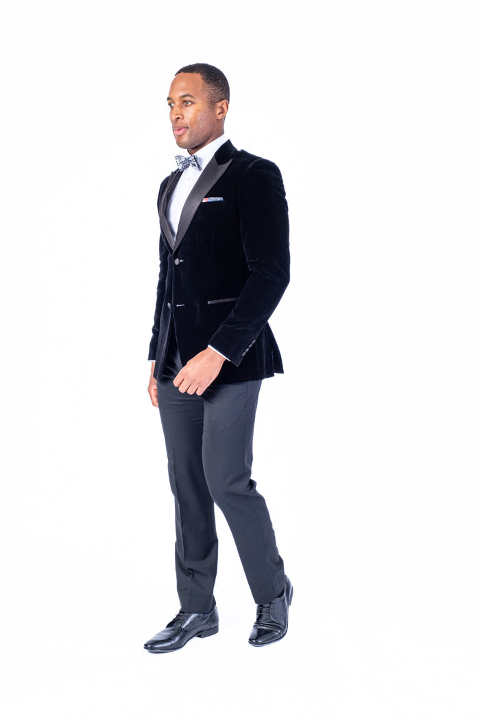 Solid Velvet Peak Lapel Blazer - Black