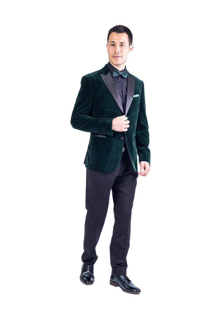 Solid Velvet Peak Lapel Blazer - Hunter Green