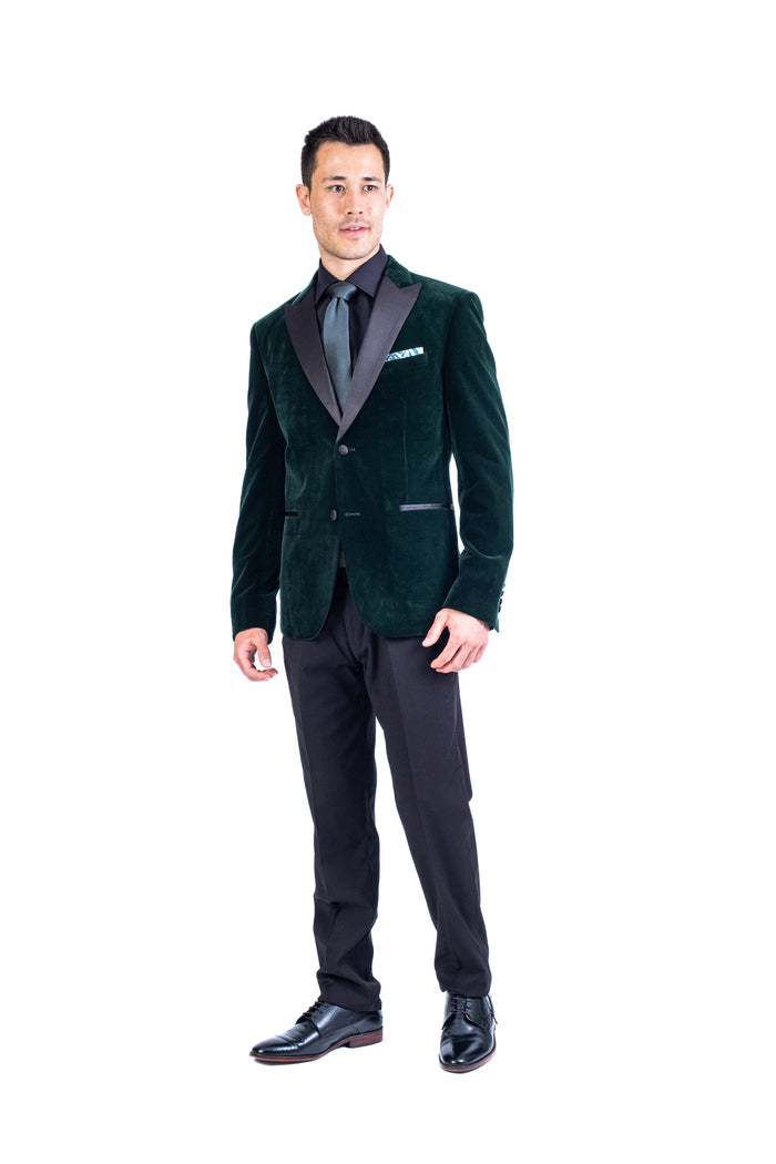 Solid Velvet Peak Lapel Blazer - Hunter Green