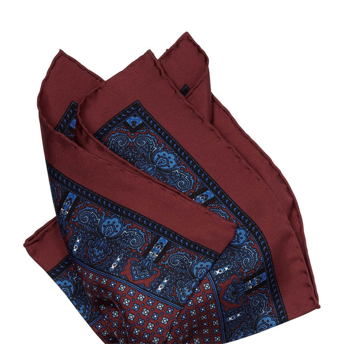 A handmade Sovereign Grade 100% Silk Burgundy Repeating Floral pocket square from KirbyAllison.com for formal occasions.